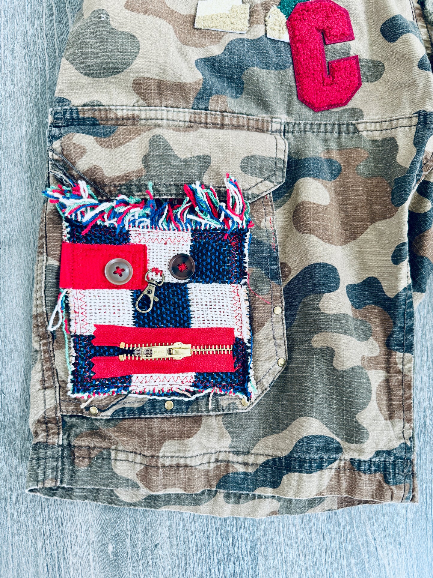 Upcycled Camo Cargo Shorts – Size S (28 Waist)
