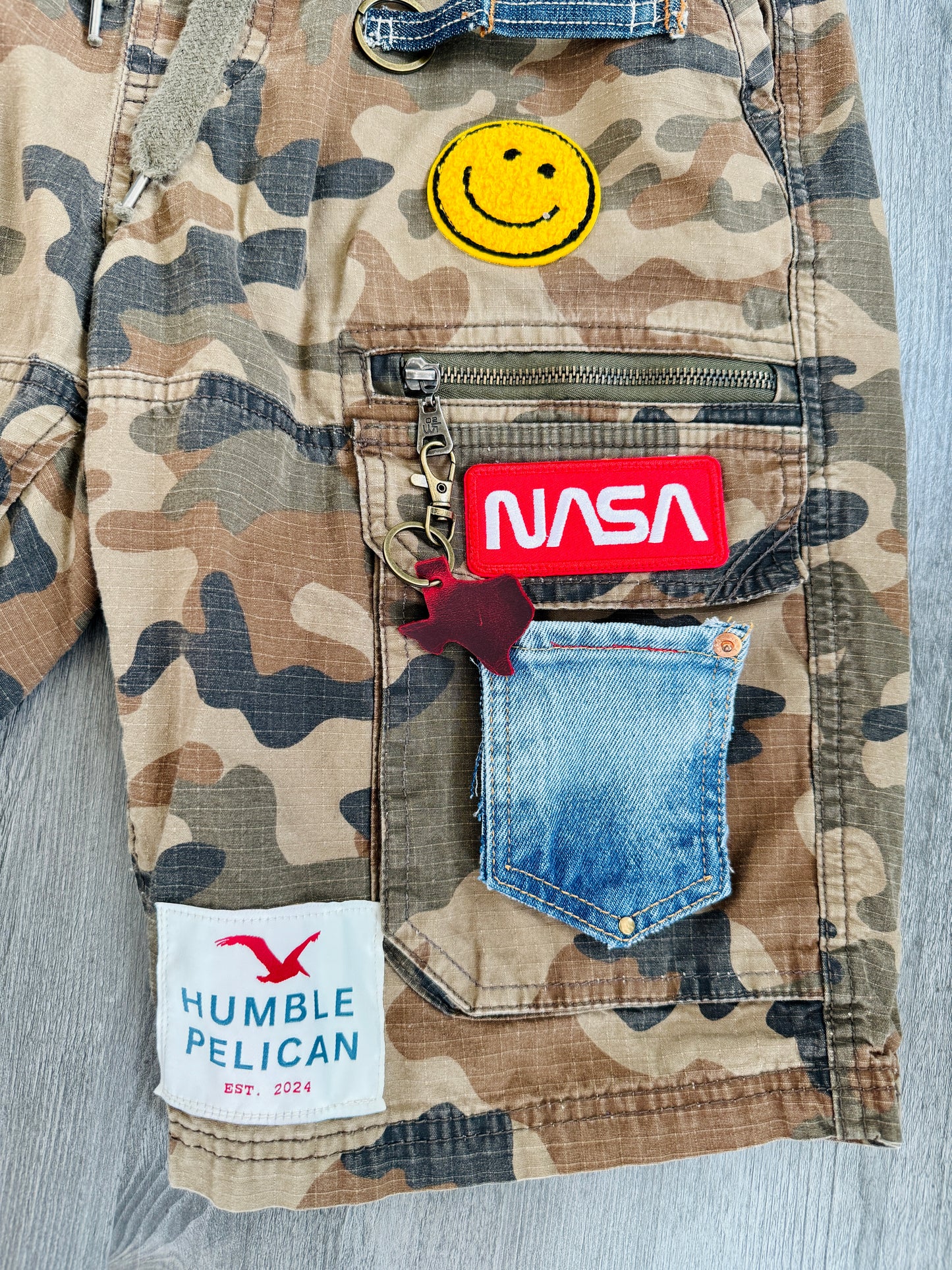 Upcycled Camo Cargo Shorts – Size S (28 Waist)