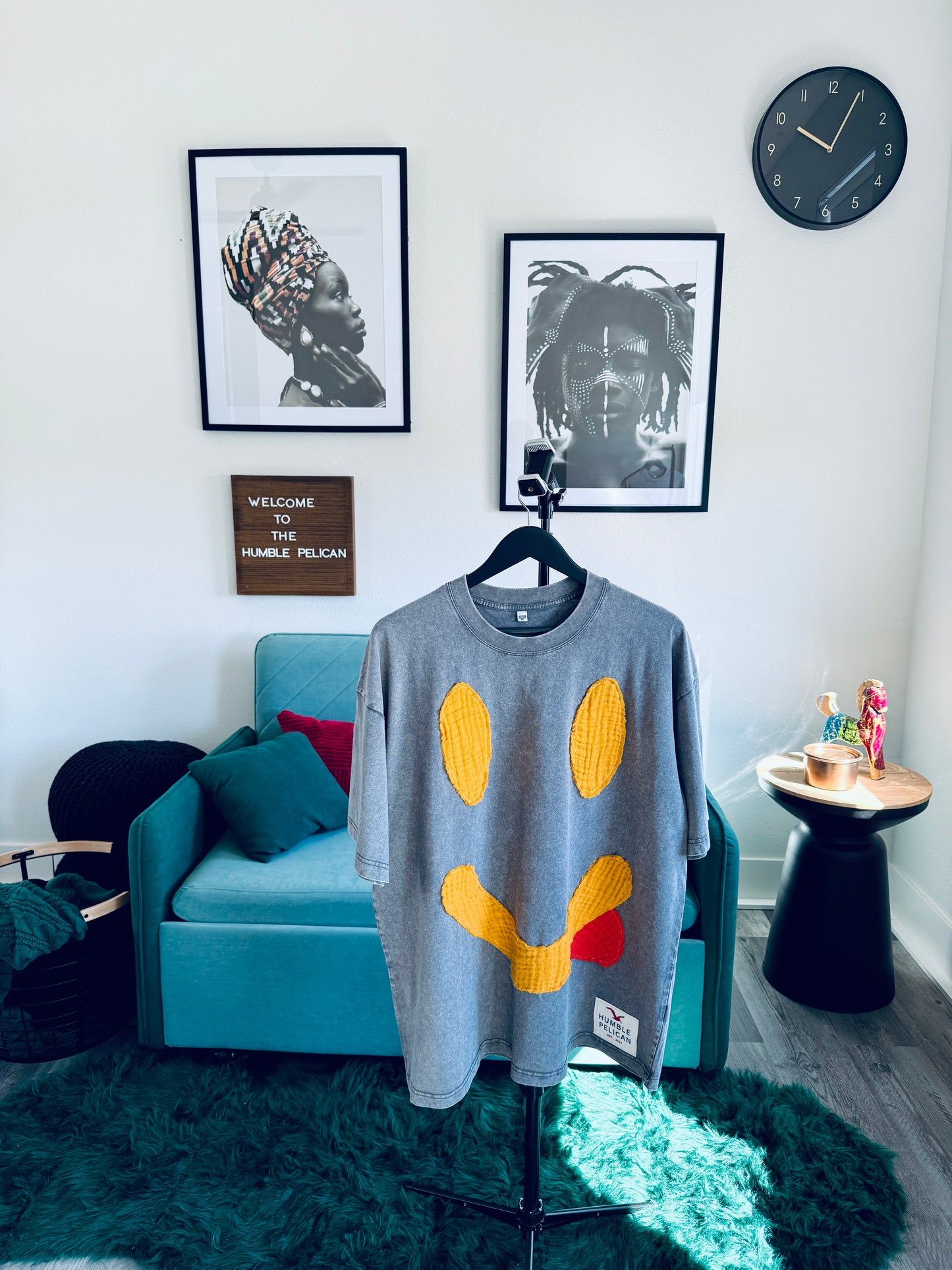 Handmade Smiley Face Patch Shirt - Gray