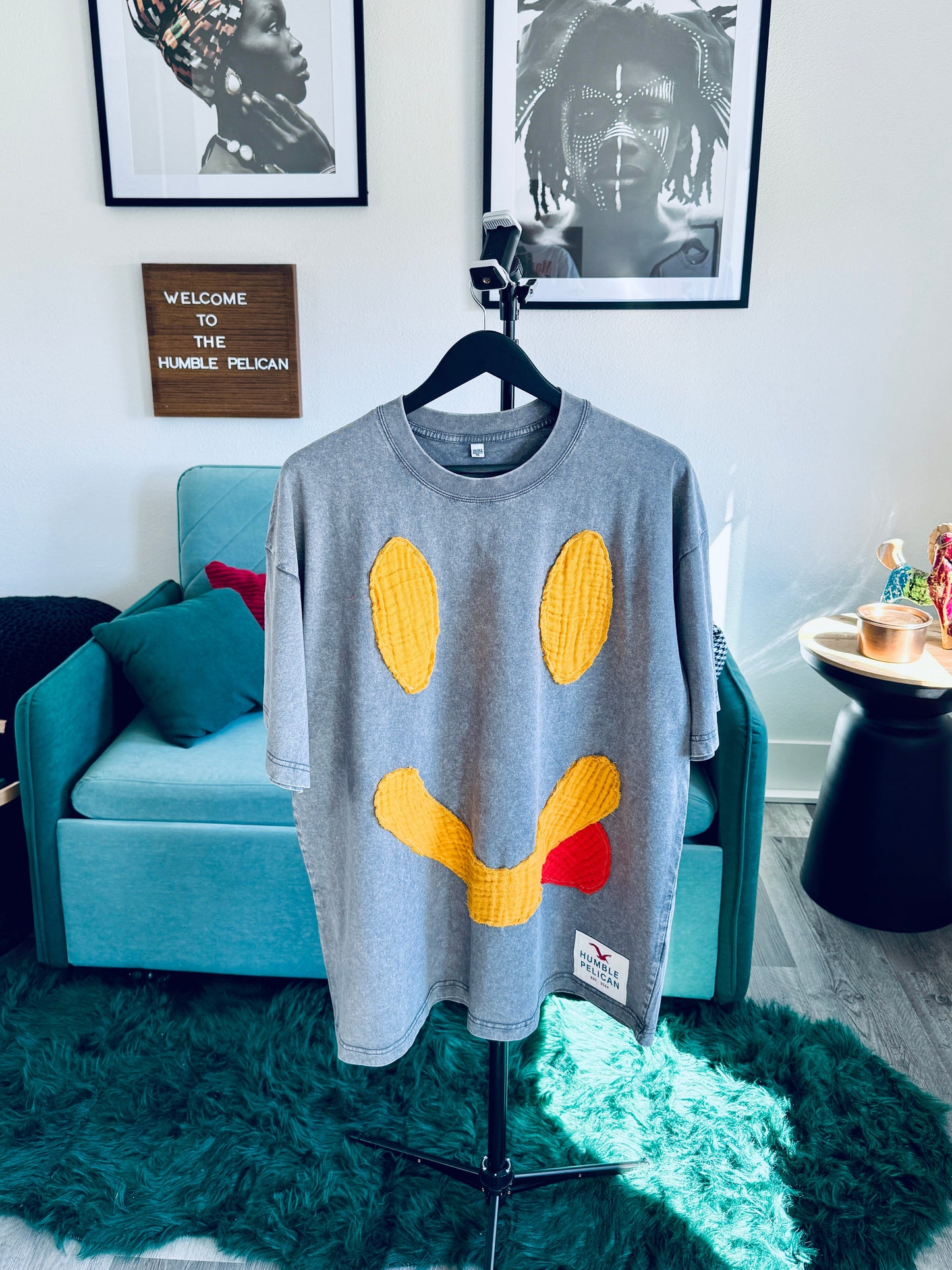 Handmade Smiley Face Patch Shirt - Gray