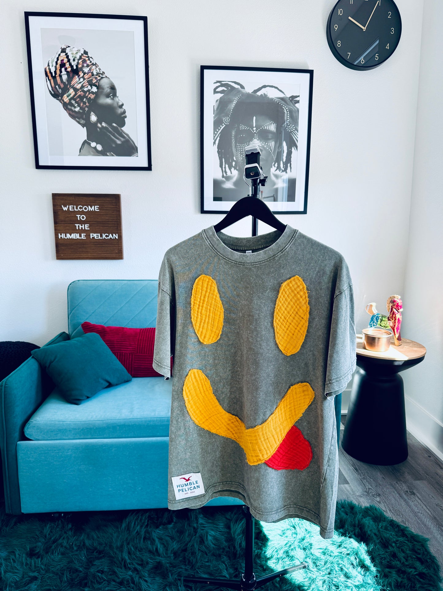 Handmade Smiley Face Patch Shirt - Green