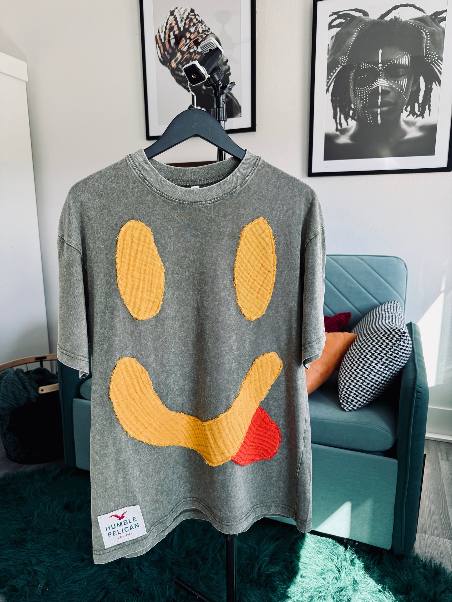 Handmade Smiley Face Patch Shirt - Green