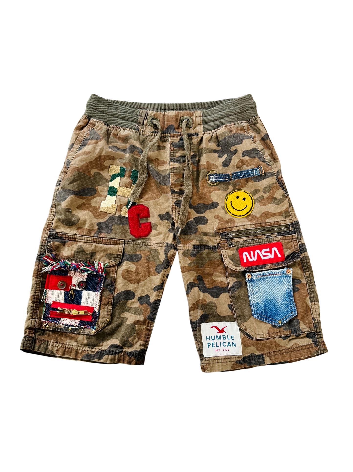 Upcycled Camo Cargo Shorts – Size S (28 Waist)