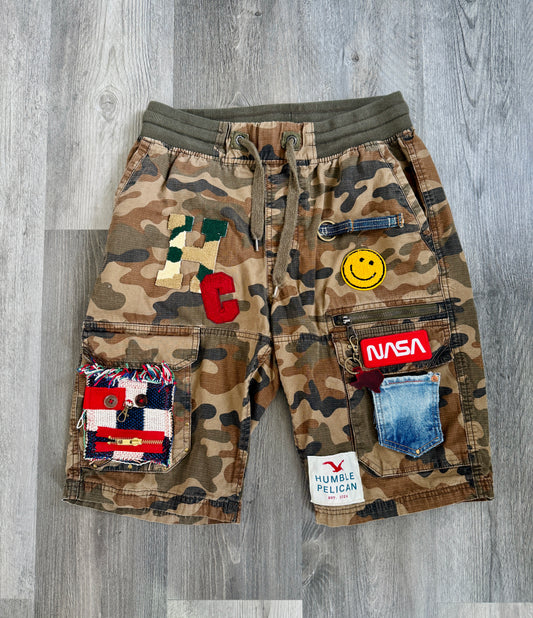 Upcycled Camo Cargo Shorts – Size S (28 Waist)