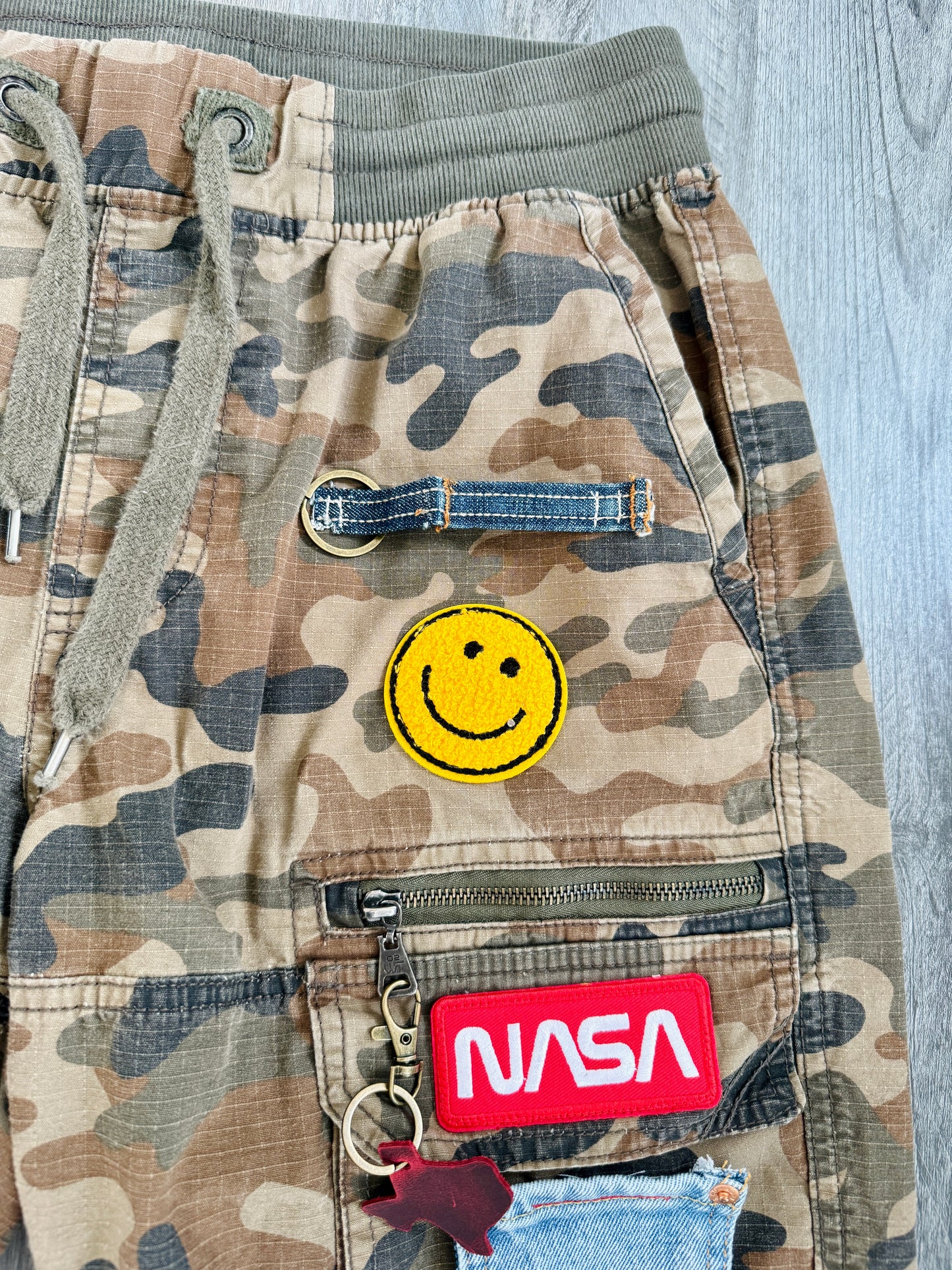 Upcycled Camo Cargo Shorts – Size S (28 Waist)