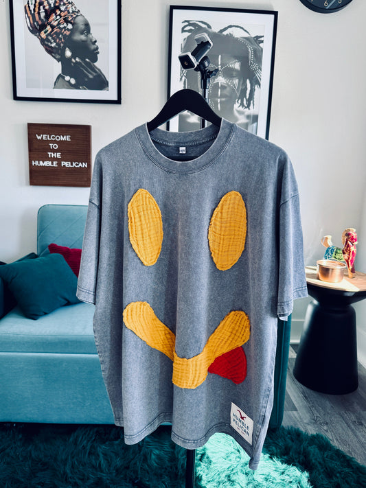 Handmade Smiley Face Patch Shirt - Gray