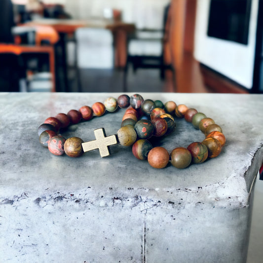 Pair of 8mm Picasso Jasper Beaded Bracelet with cross