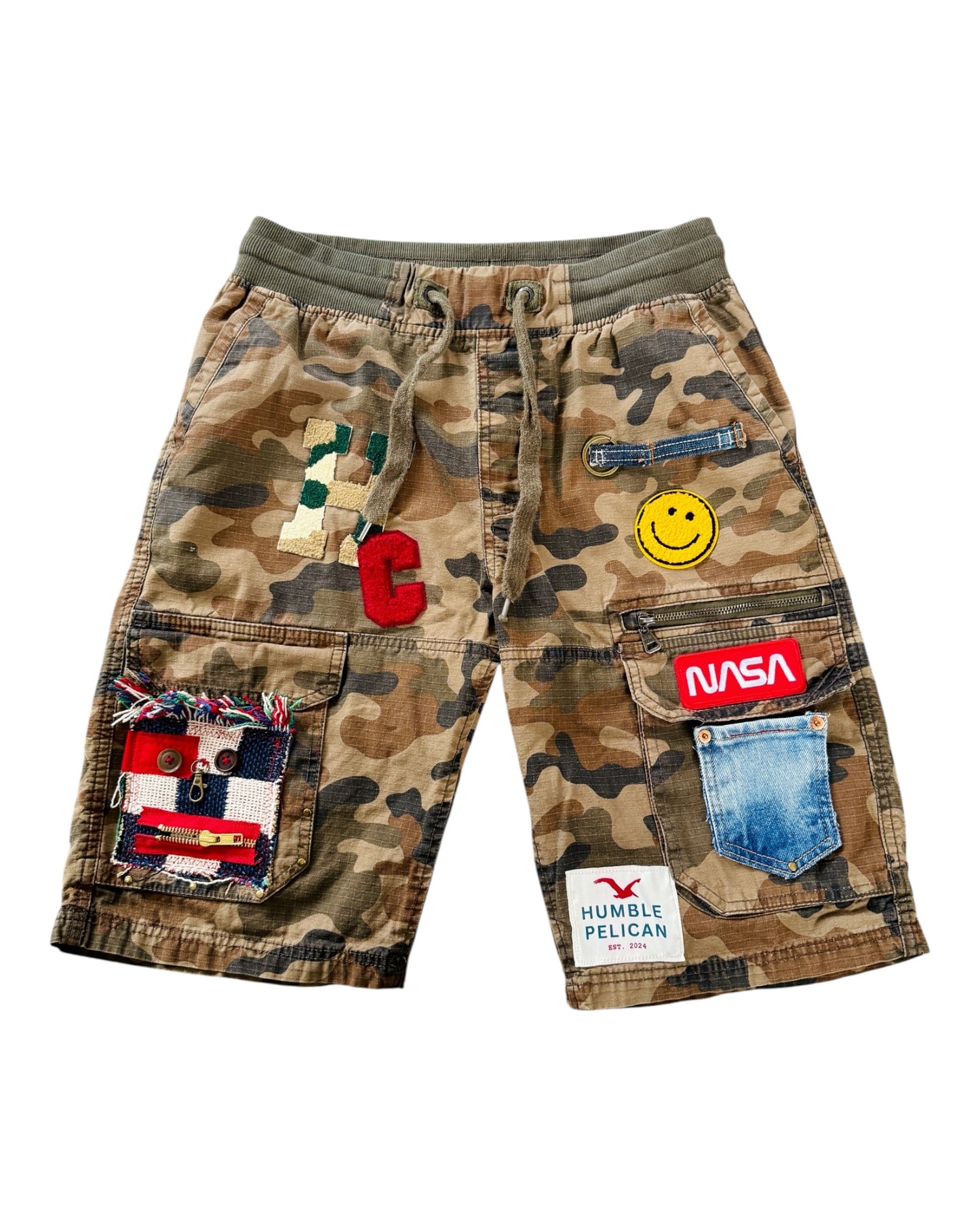 Upcycled Camo Cargo Shorts – Size S (28 Waist)